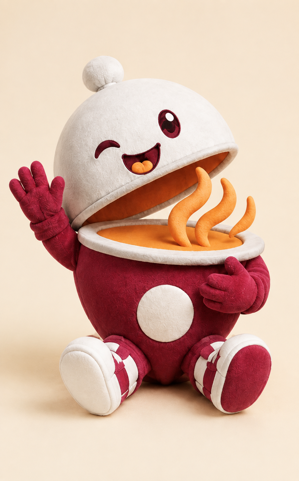 Clovie, a berry-red plush character with a cream lid, orange curls, and white sneakers