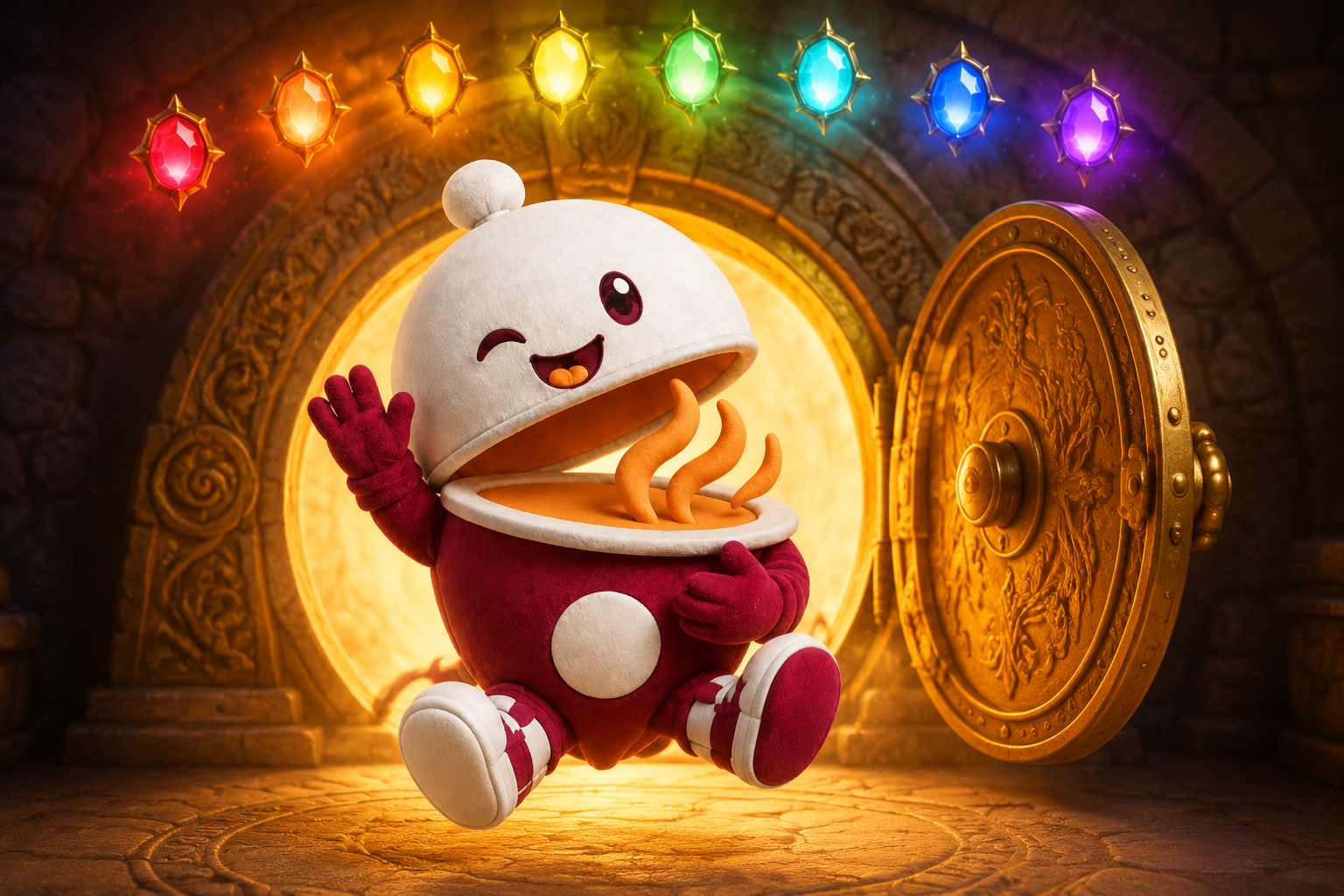 Clovie joyfully bouncing out of the glowing golden oven