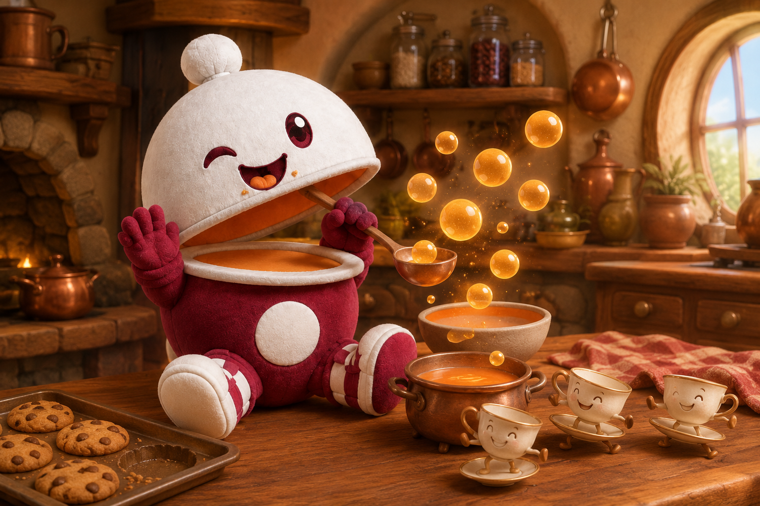 Clovie surrounded by soup bubbles, cookies, and dancing teacups