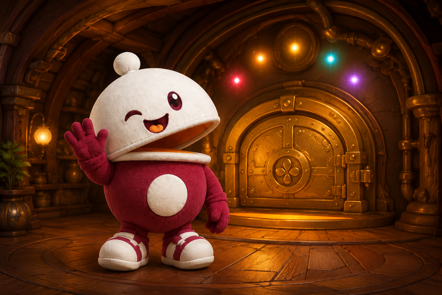 Clovie waving in front of the closed golden oven and mysterious colored lights